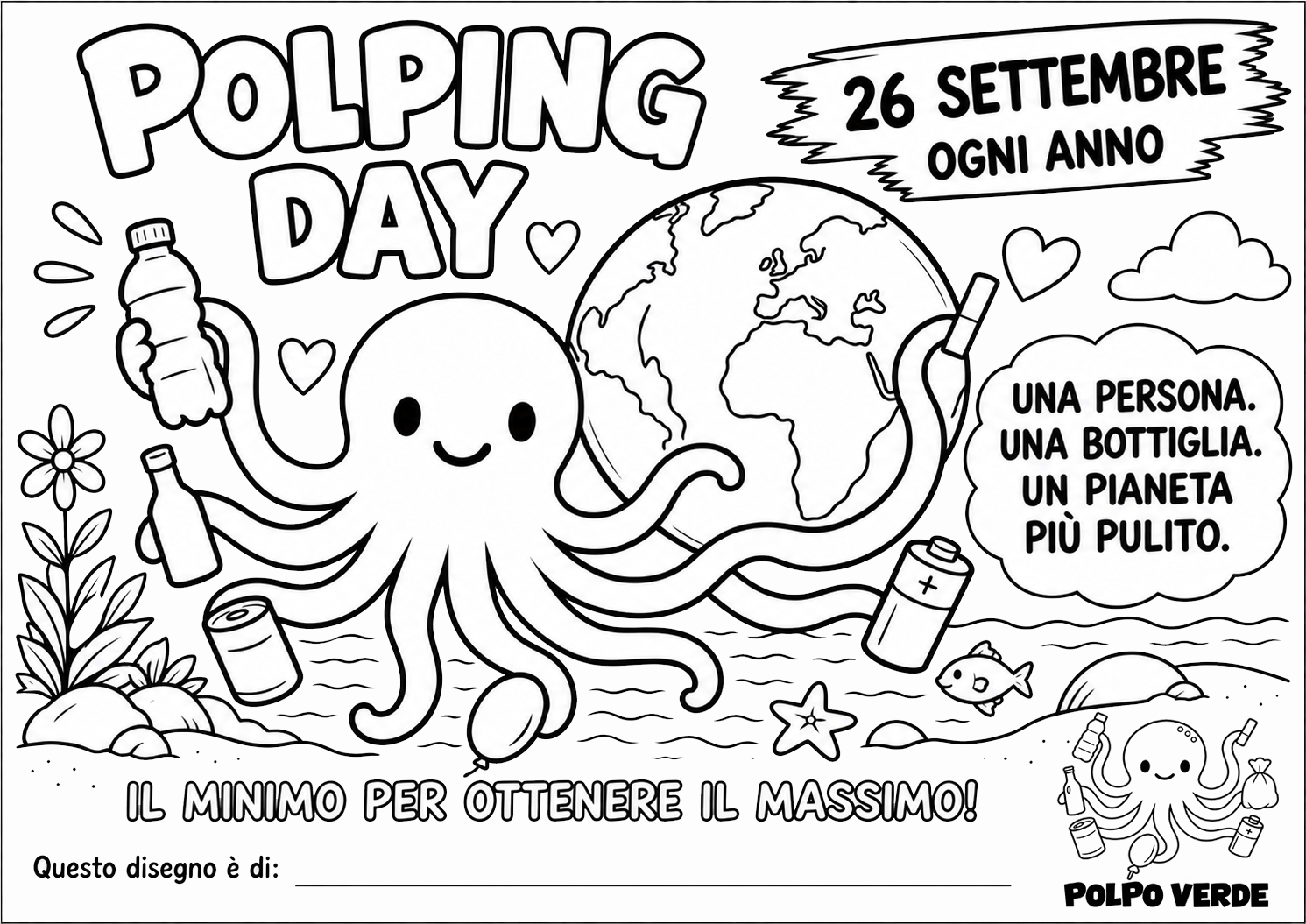 Polpo Verde raccoglie una bottiglia davanti al pianeta Terra durante il Polping Day