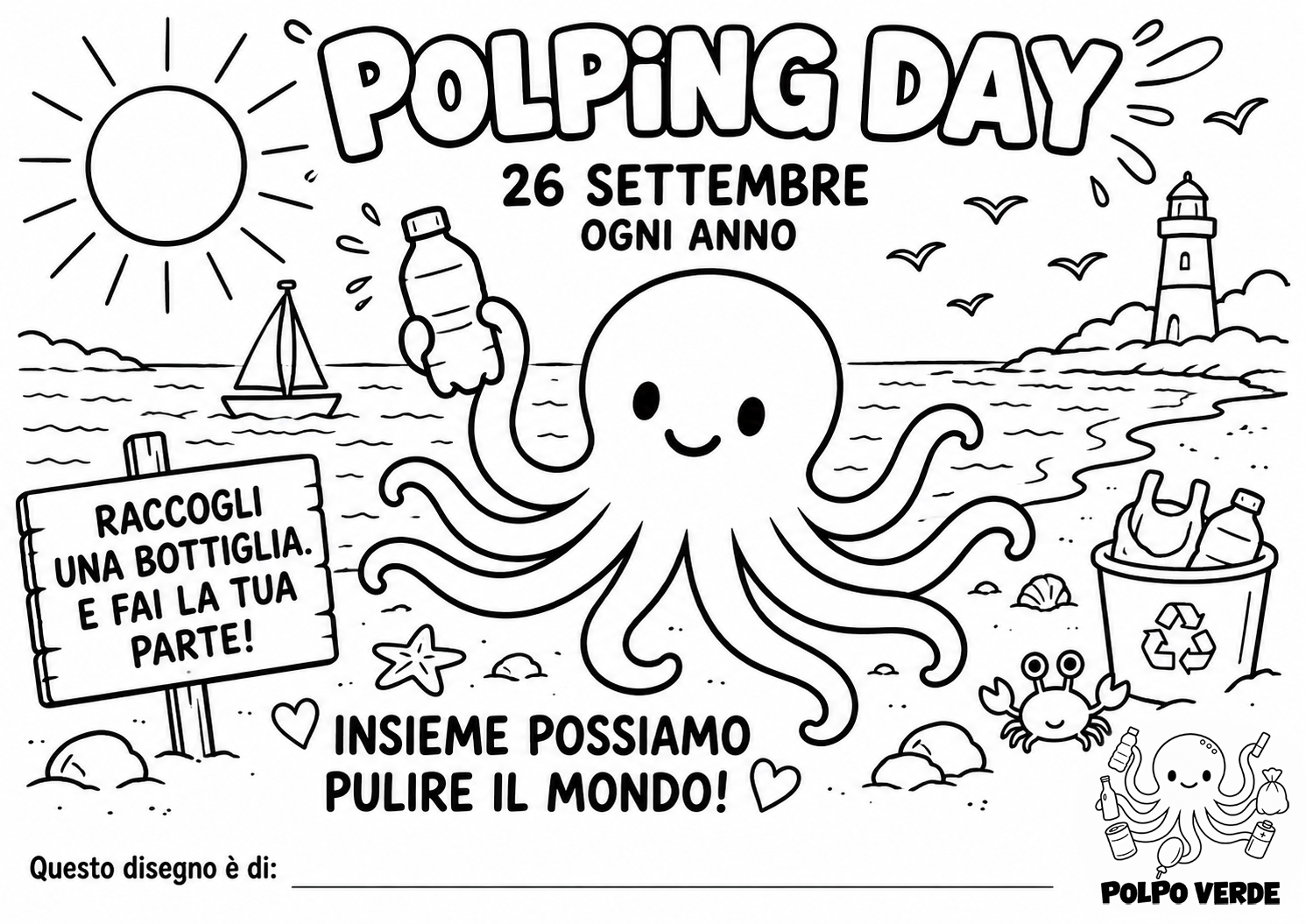 Polpo Verde raccoglie una bottiglia sulla spiaggia vicino al mare e a un cestino per il riciclo