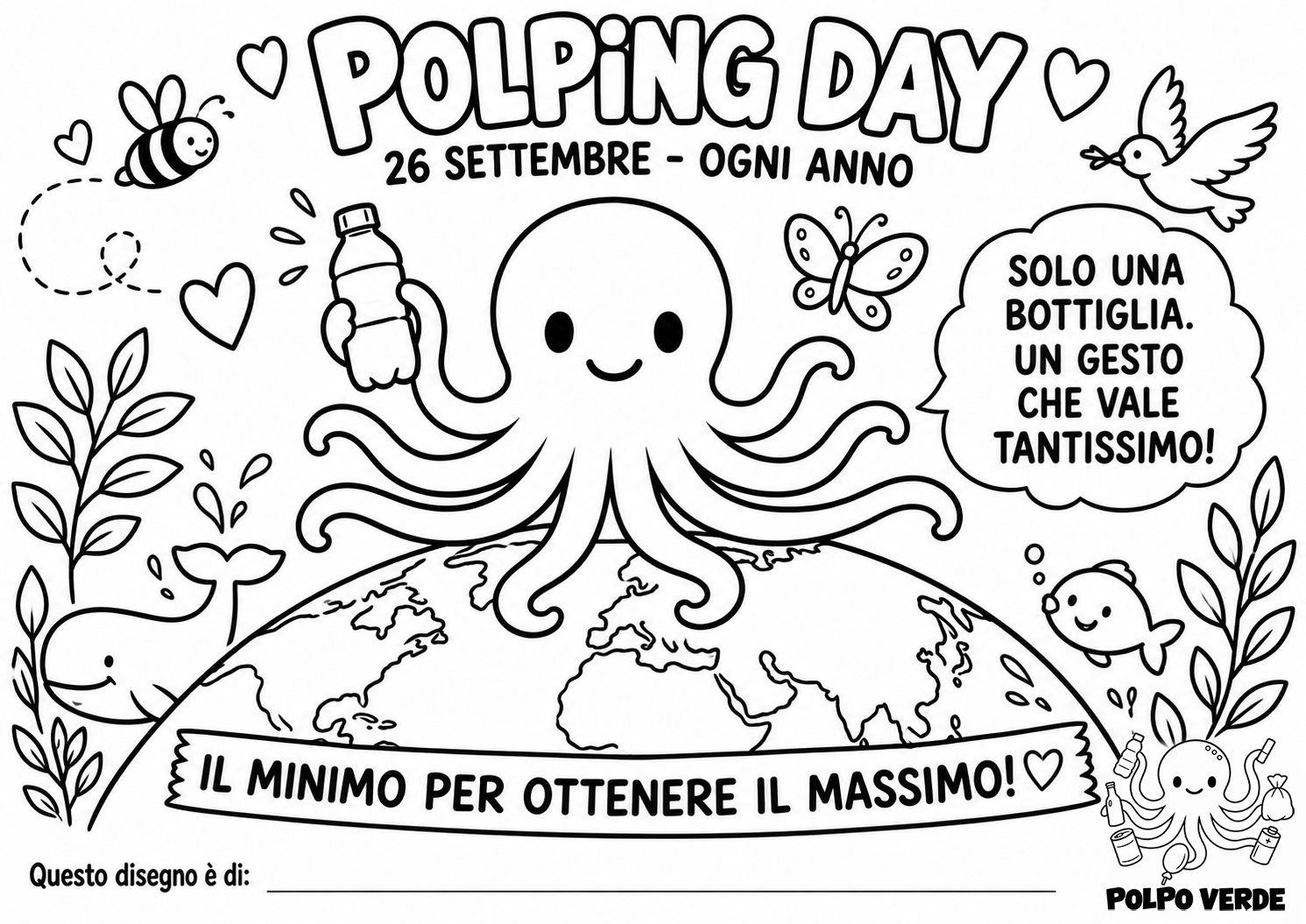 Polpo Verde sopra il pianeta Terra raccoglie una bottiglia, circondato da animali e piante