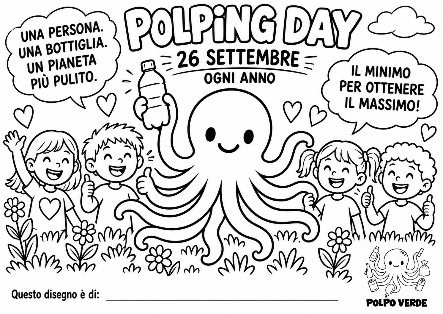 Polpo Verde e quattro bambini sorridenti partecipano al Polping Day