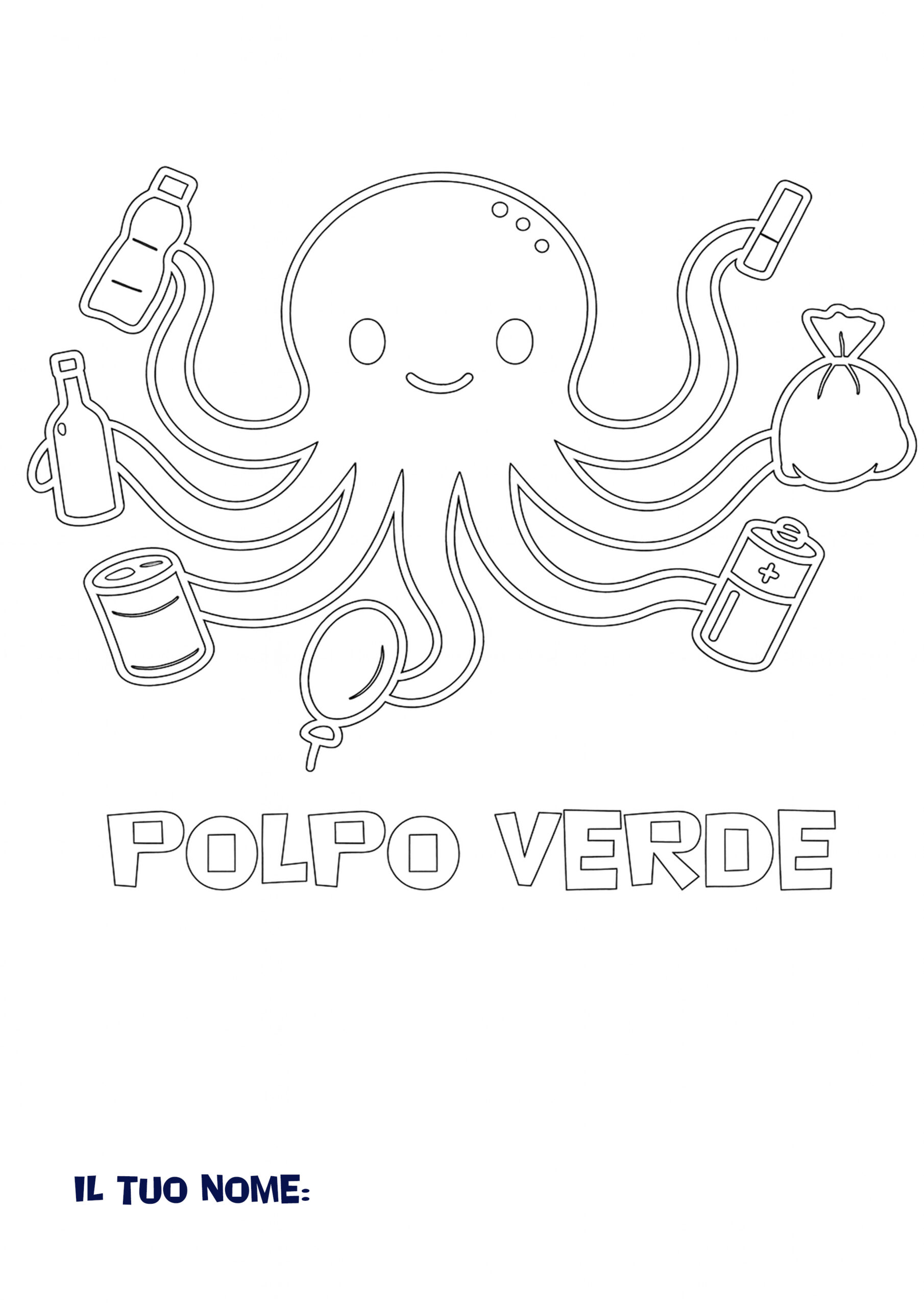 Polpo Verde da colorare con uno spazio in cui scrivere il proprio nome